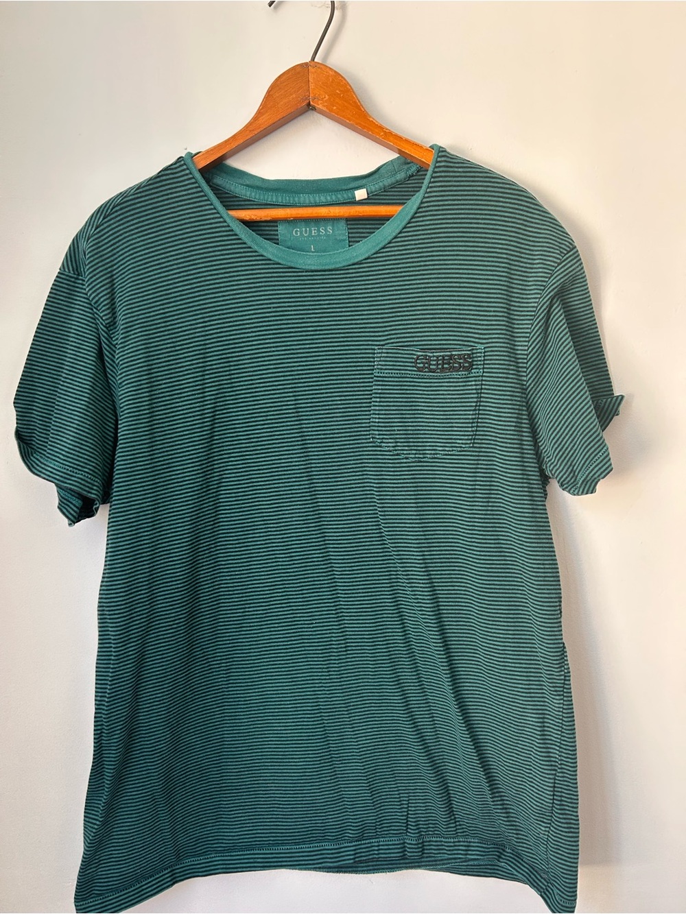 GUESS Y2K Striped Pocket T-Shirt - Green White- Large